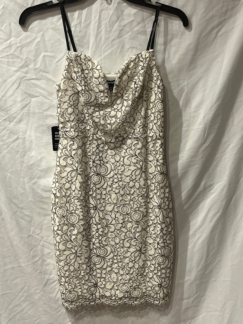 Express Cream Lace Mini Dress with Black Floral Lace Overlay